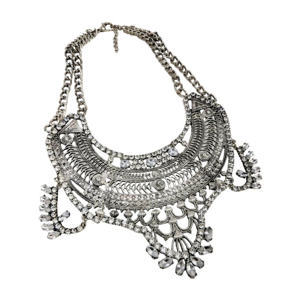 Regal Bohemian 17.5" Ornate Silver Tone Crystal Bib Statement Necklace JN1472